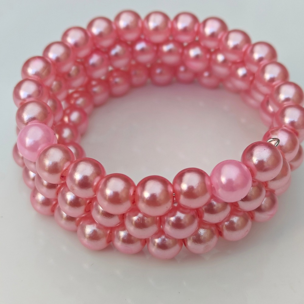 Pink Faux Pearl Wire Wrap Coil Bracelet Chunky Layered Beaded Statement Kawaii